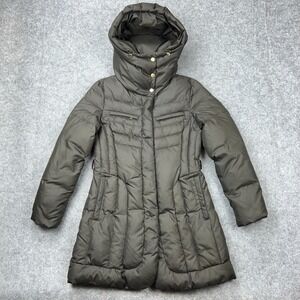 Cole Haan Jacket Womens Medium Brown Down Puffer Gold Zipper Hooded‎ Parka Coat